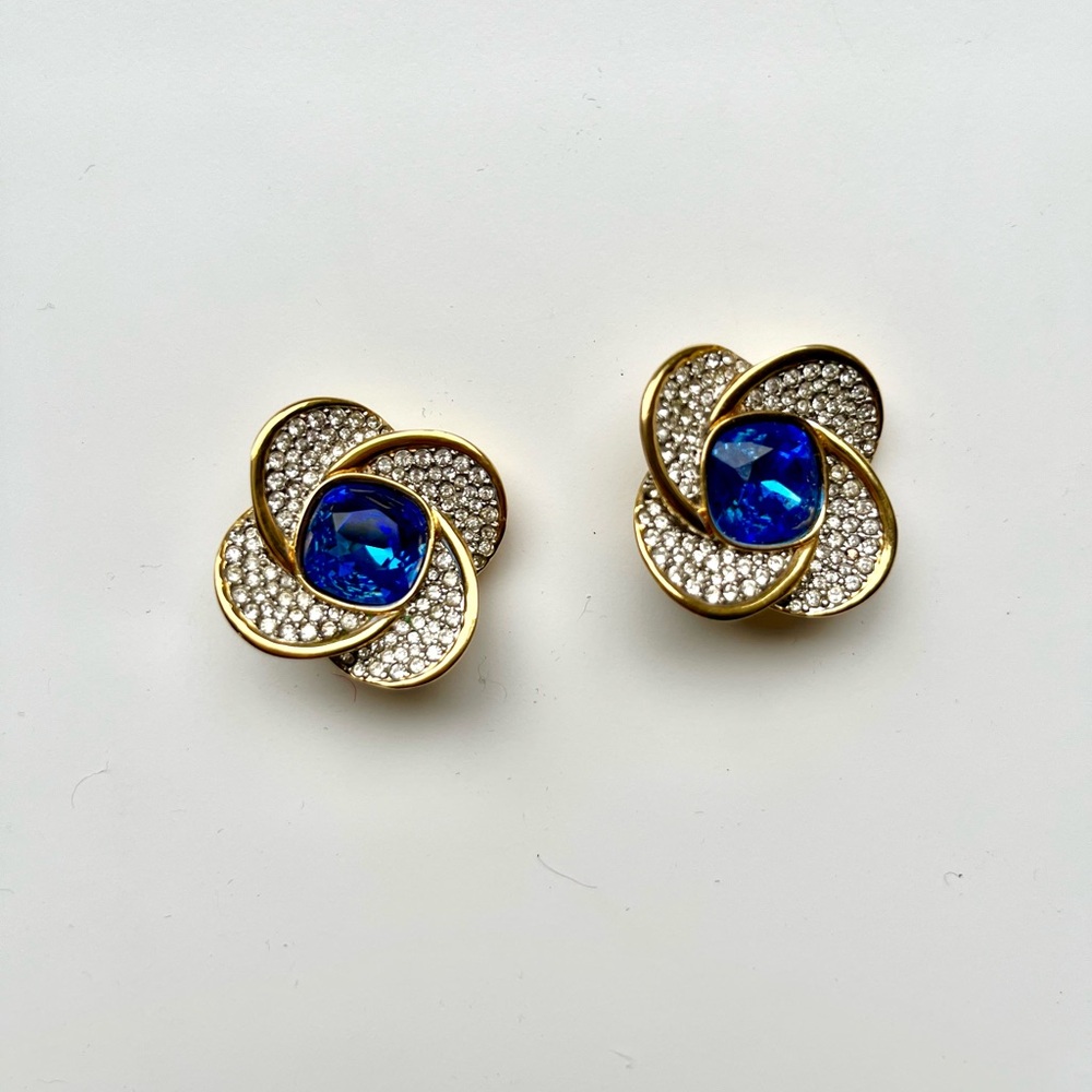 Vintage Swarovski Gold and Pave with Large Blue Stone Clip-On Earrings